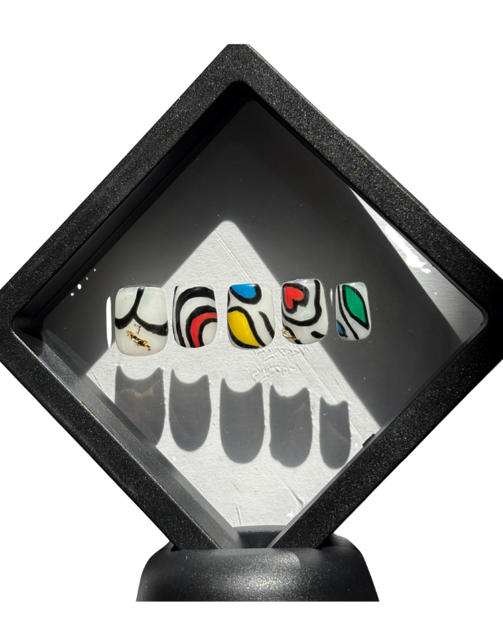 hand-painted study of the rhythmic visual language found in Ghanaian weaving. This design reimagines the traditionally rigid, geometric lines of Kente cloth as fluid, organic shapes defined by bold black boundaries. The palette of sun yellow, deep azure, and forest green is layered over a neutral base, accented with subtle gold leaf to mirror the silk threads found in royal textiles.