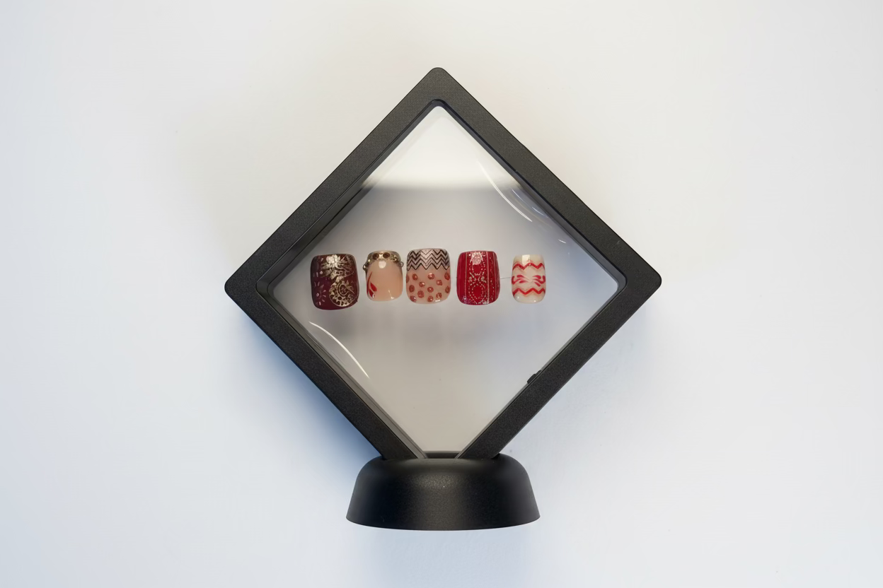 Indian Bandhani print inspired nail art. Short nails with red, nudes, golden chrome and beads to highlight traditional Indian textiles.