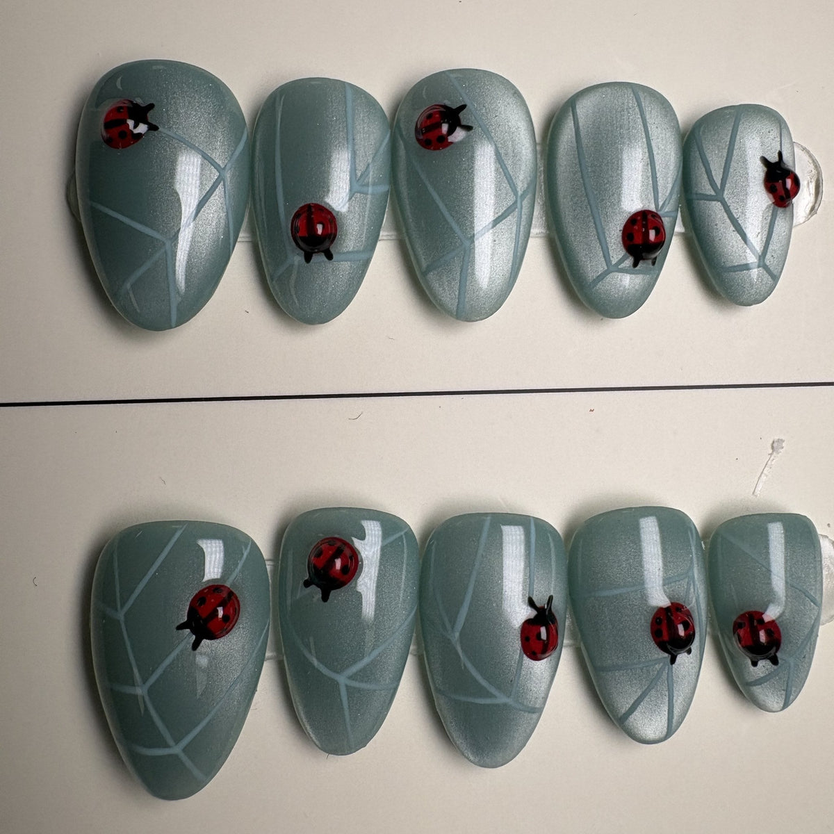 Lucky Ladybug press on nails, medium almond. Ready to ship set by GN Collections.
