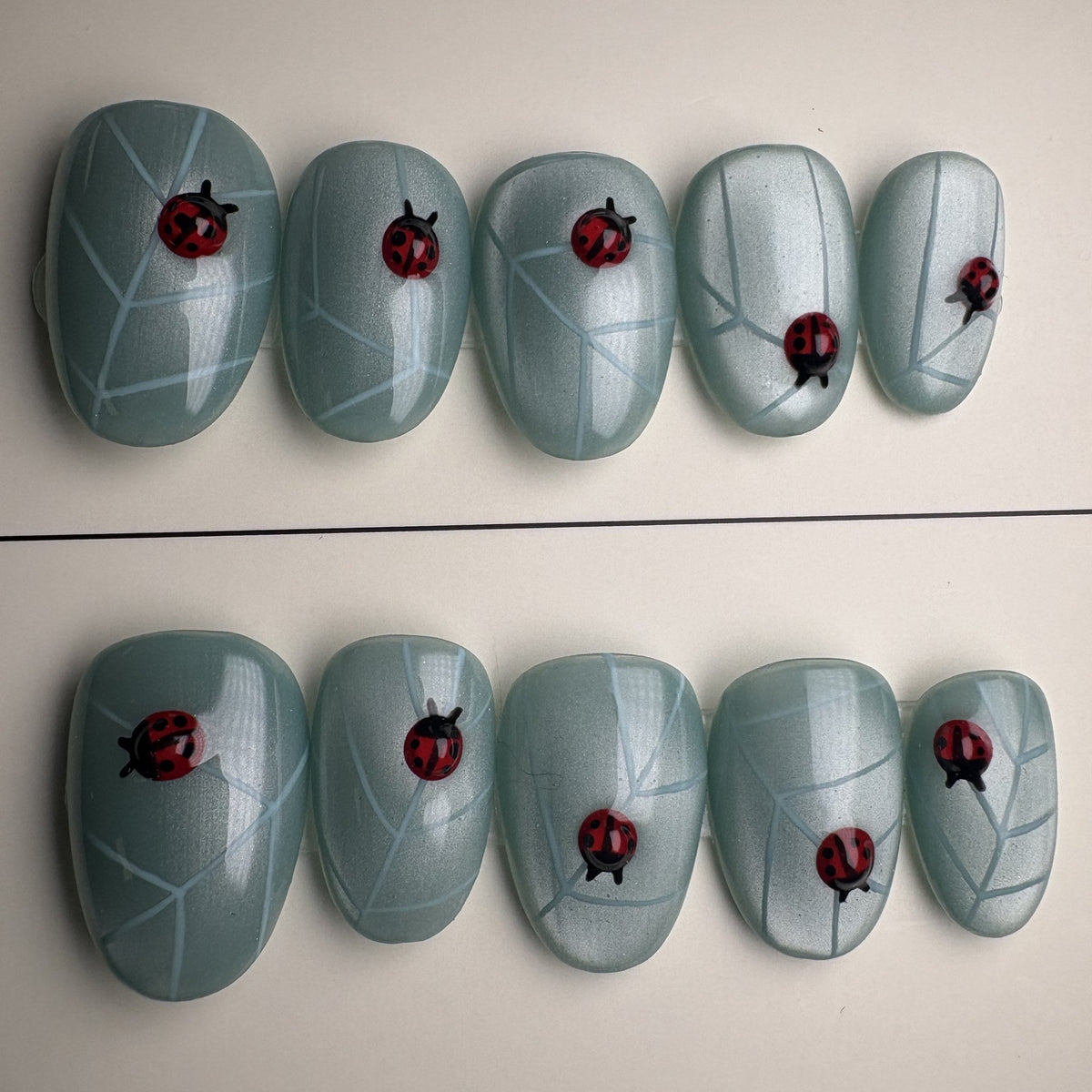 Lucky Ladybug press on nails, short round. Ready to ship set by GN Collections.
