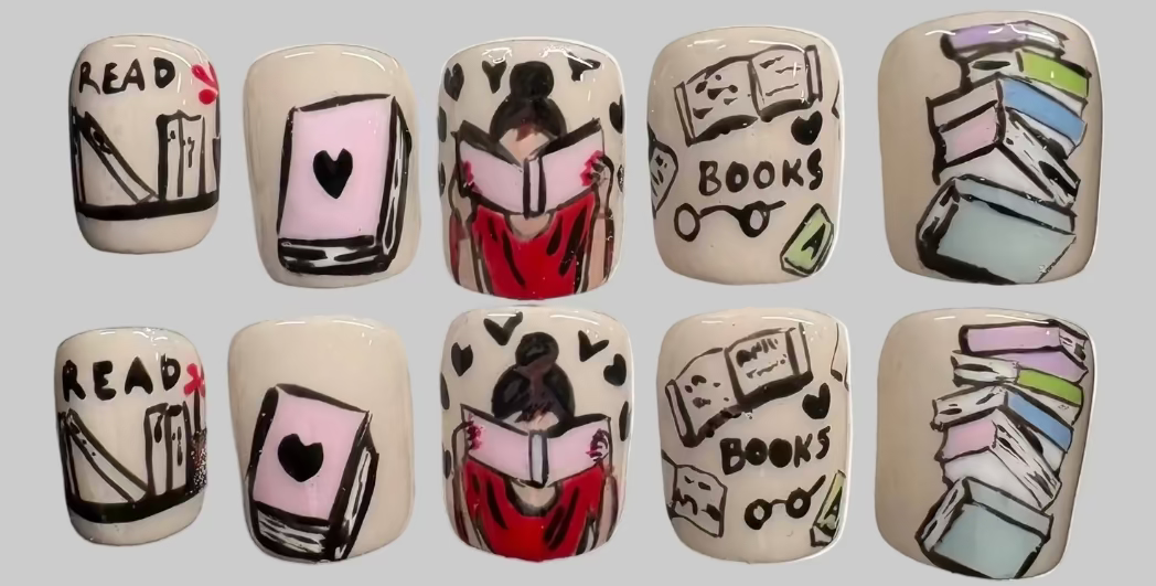 The Storyteller celebrates the culture of books and reading. Encompasses all culture. Books and nails. The base is a cream nude with line art work done with color gels. 