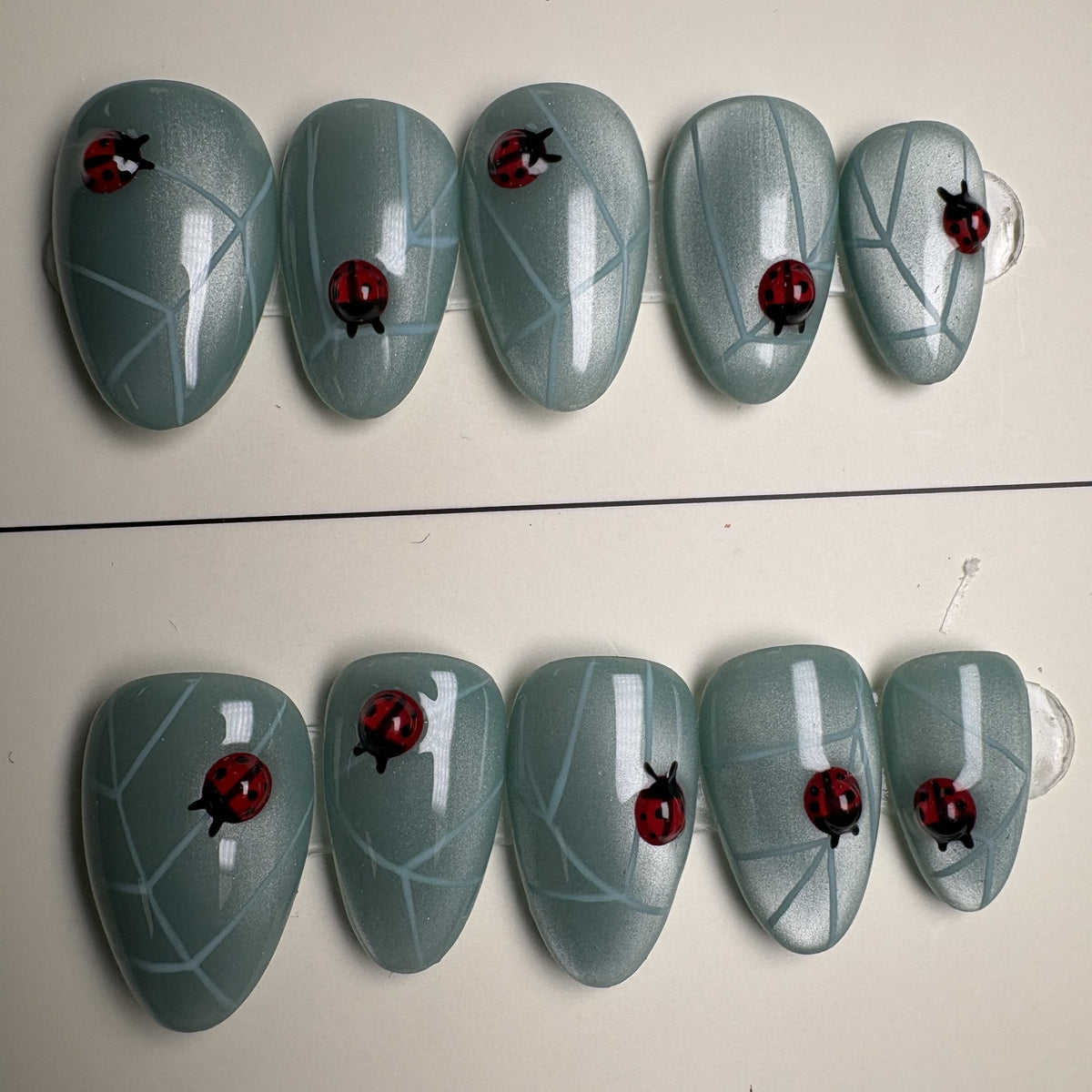 Lucky Ladybug press on nails, medium almond. Ready to ship set by GN Collections.