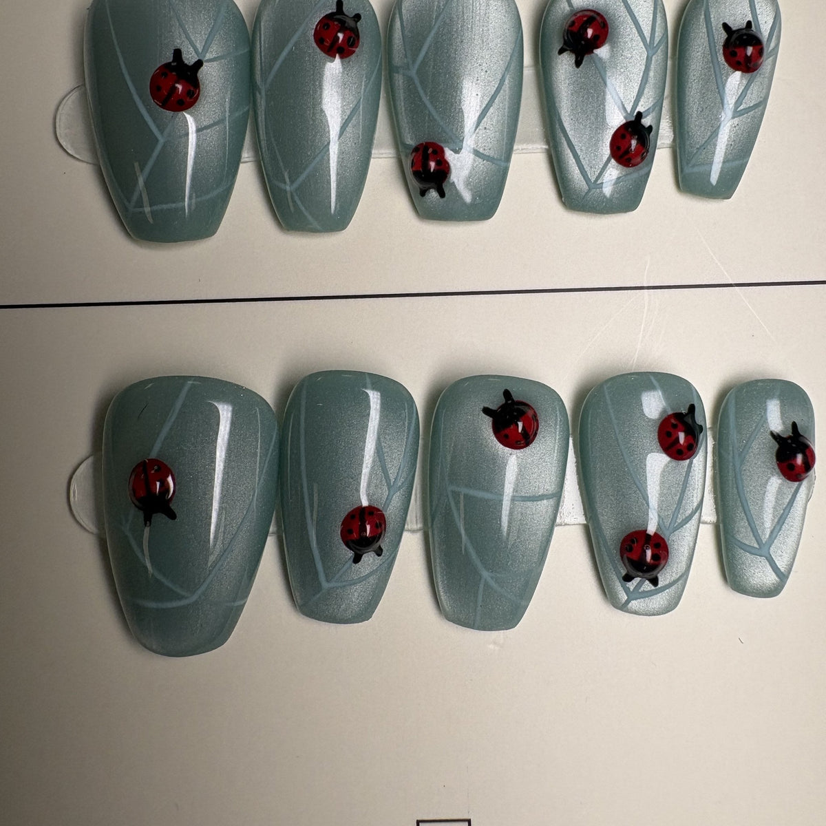 Lucky Ladybug press on nails, coffin. Ready to ship set by GN Collections.