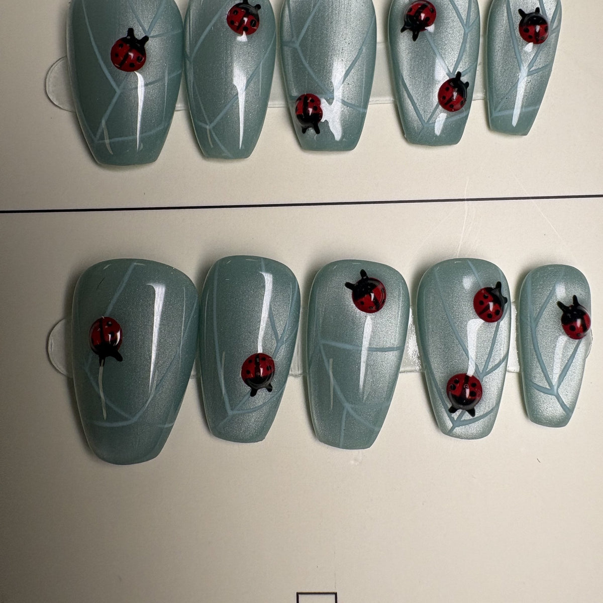 Lucky Ladybug press on nails, coffin. Ready to ship set by GN Collections.