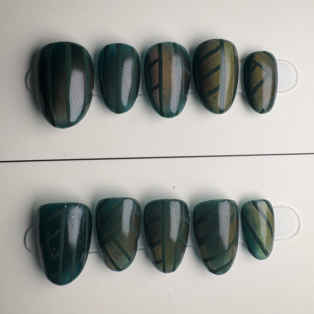Evergreen press on nails, short almond. Ready to ship set by GN Collections.